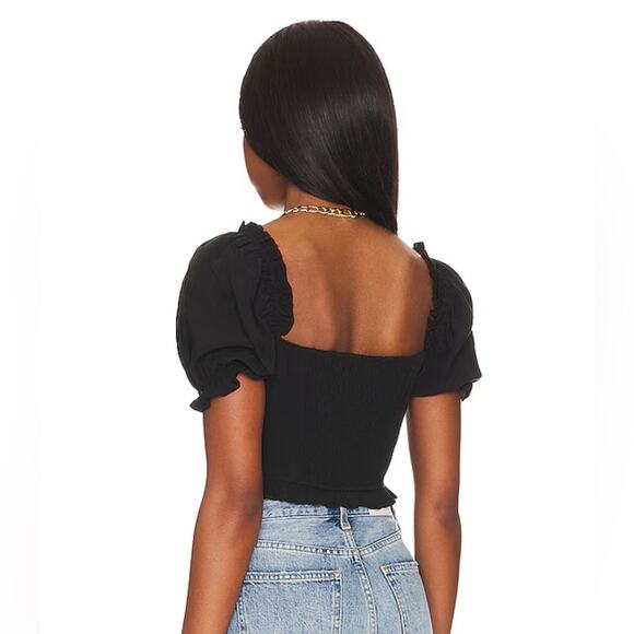 ASTR the Label XS Feronia Top in Black Smocked Back Boned Coquette Puff Shoulder - Picture 2 of 13